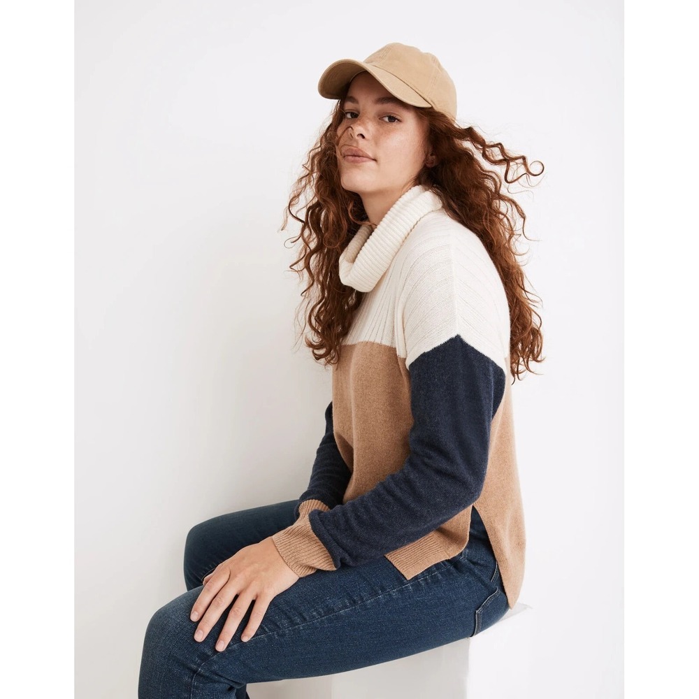 Madewell Colorblock Turtleneck Sweater Women Small Tan Wool Minimalist Cozy Fall